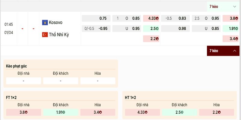 Tỷ lệ kèo cho trận Kosovo vs Turkey khá rõ ràng